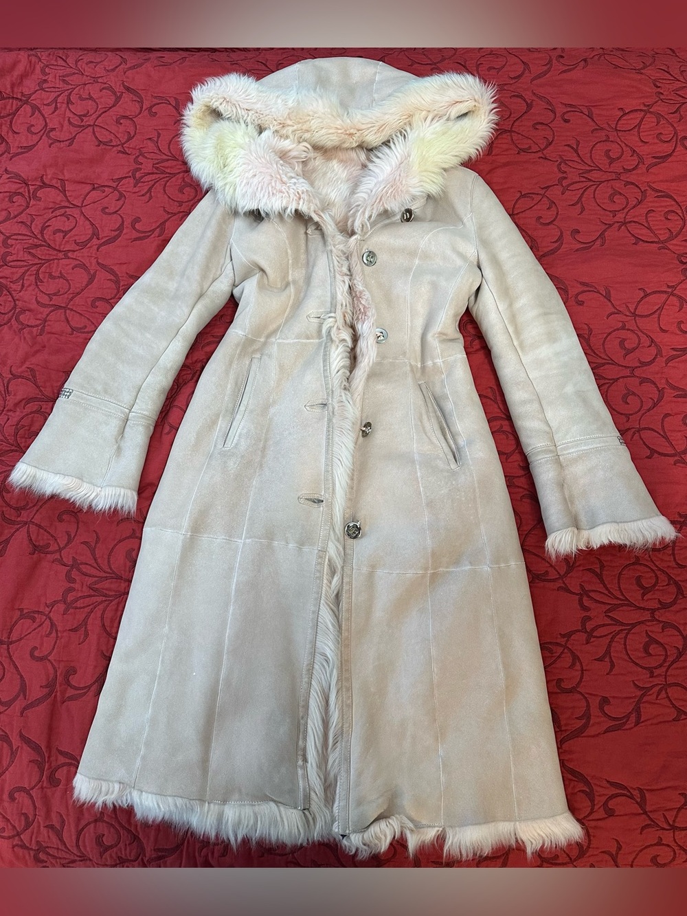 Women's Genuine Leather And Fur Cream Long Hooded Shearling Coat